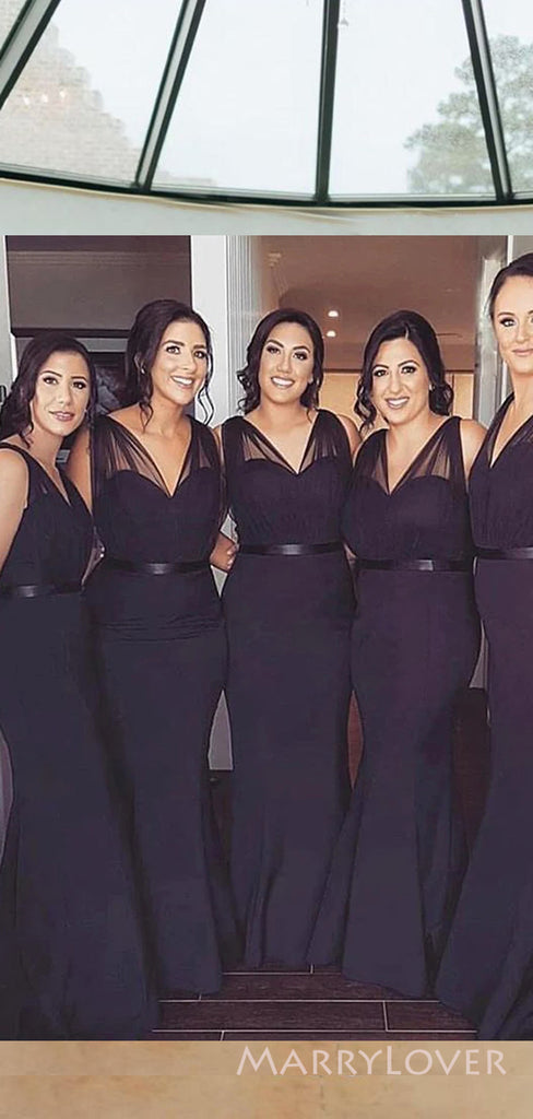 Sexy V-neck Black Mermaid Long Cheap Bridesmaid Dresses , MRB0027