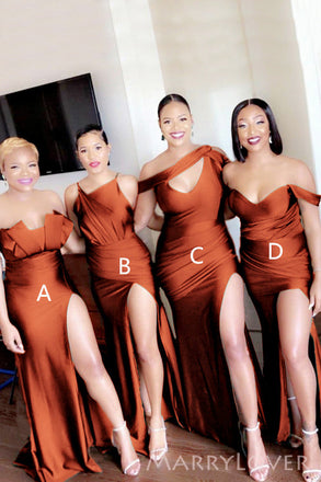 Burnt Orange Satin Mismatched Side Slit Cheap Mermaid Bridesmaid Dresses , MRB0035