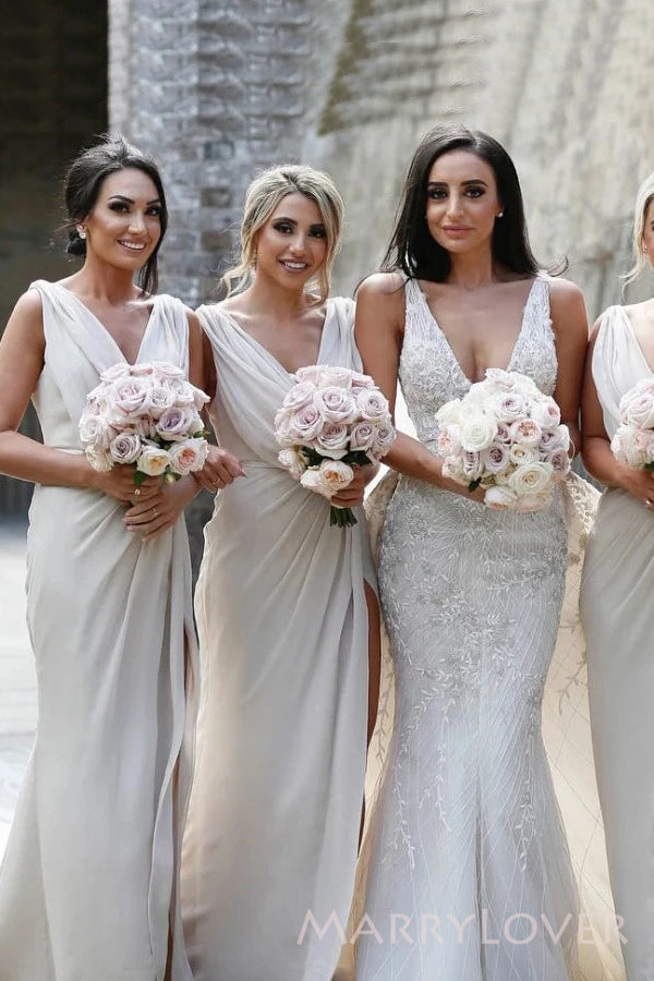 Deep V-neck Side Slit Cheap Custom Bridesmaid Dresses , MRB0038