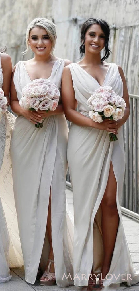 Deep V-neck Side Slit Cheap Custom Bridesmaid Dresses , MRB0038