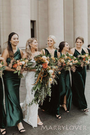 Mismatched Dark Green Satin Velvet Cheap Long Bridesmaid Dresses , MRB0041