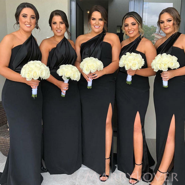 One Shoulder Black Mermaid Side Slit Cheap Long Custom Bridesmaid Dresses , MRB0042