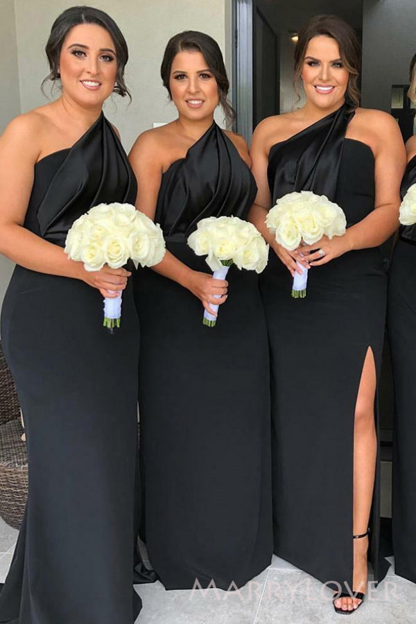 One Shoulder Black Mermaid Side Slit Cheap Long Custom Bridesmaid Dresses , MRB0042