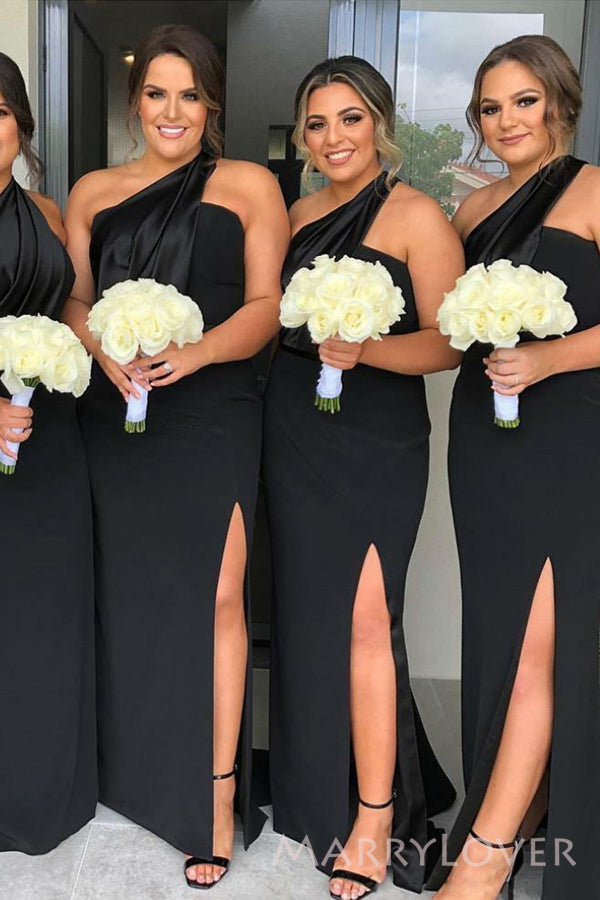 One Shoulder Black Mermaid Side Slit Cheap Long Custom Bridesmaid Dresses , MRB0042