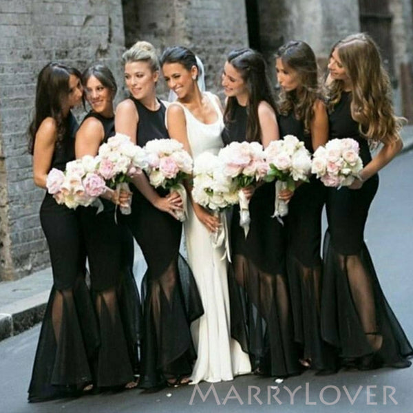 Mermaid Black See Through Cheap Long Custom Bridesmaid Dresses , MRB0043