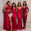 Mismatched Red Satin Mermaid Side Slit Long Custom Bridesmaid Dresses , MRB0046