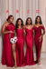 Mismatched Red Satin Mermaid Side Slit Long Custom Bridesmaid Dresses , MRB0046