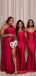 Mismatched Red Satin Mermaid Side Slit Long Custom Bridesmaid Dresses , MRB0046