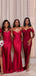 Mismatched Red Satin Mermaid Side Slit Long Custom Bridesmaid Dresses , MRB0046