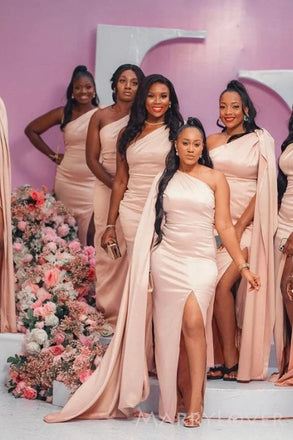 One Shoulder Satin Cheap Side Slit Long Custom Bridesmaid Dresses , MRB0049