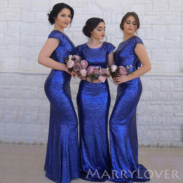 Mermaid Royal Blue Sequins Cheap Long Custom Bridesmaid Dresses , MRB0052