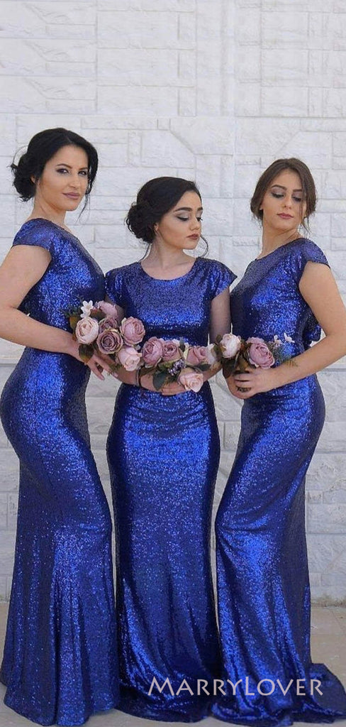 Mermaid Royal Blue Sequins Cheap Long Custom Bridesmaid Dresses , MRB0052