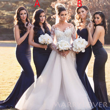 Mismatched Navy Blue Satin Mermaid Long Custom Bridesmaid Dresses , MRB0055