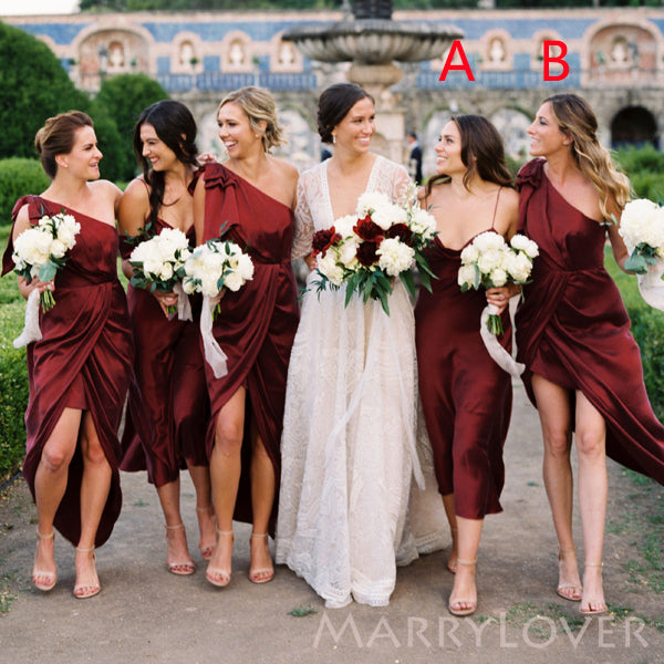 Mismatched Burgundy Satin Side Slit Long Custom Bridesmaid Dresses , MRB0056