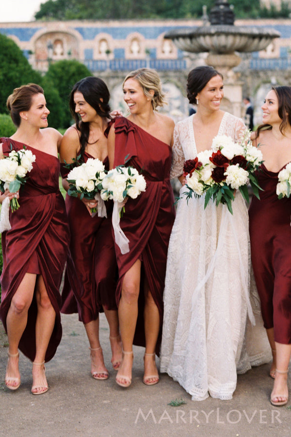 Mismatched Burgundy Satin Side Slit Long Custom Bridesmaid Dresses , MRB0056