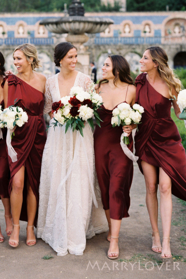 Mismatched Burgundy Satin Side Slit Long Custom Bridesmaid Dresses , MRB0056