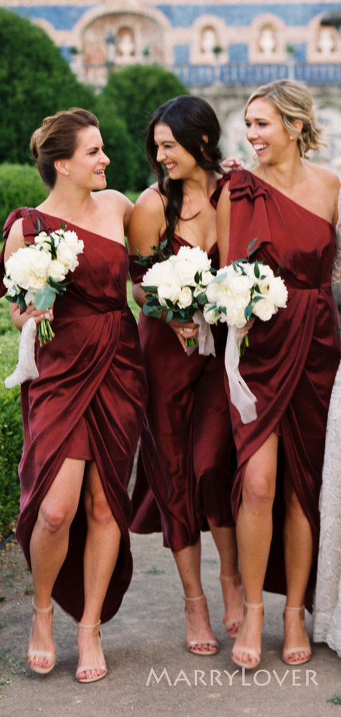 Mismatched Burgundy Satin Side Slit Long Custom Bridesmaid Dresses , MRB0056