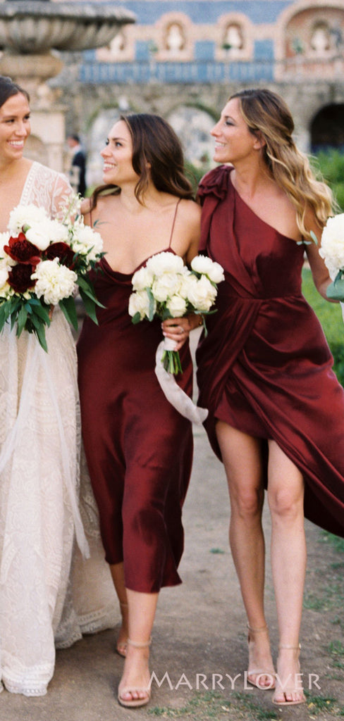 Mismatched Burgundy Satin Side Slit Long Custom Bridesmaid Dresses , MRB0056