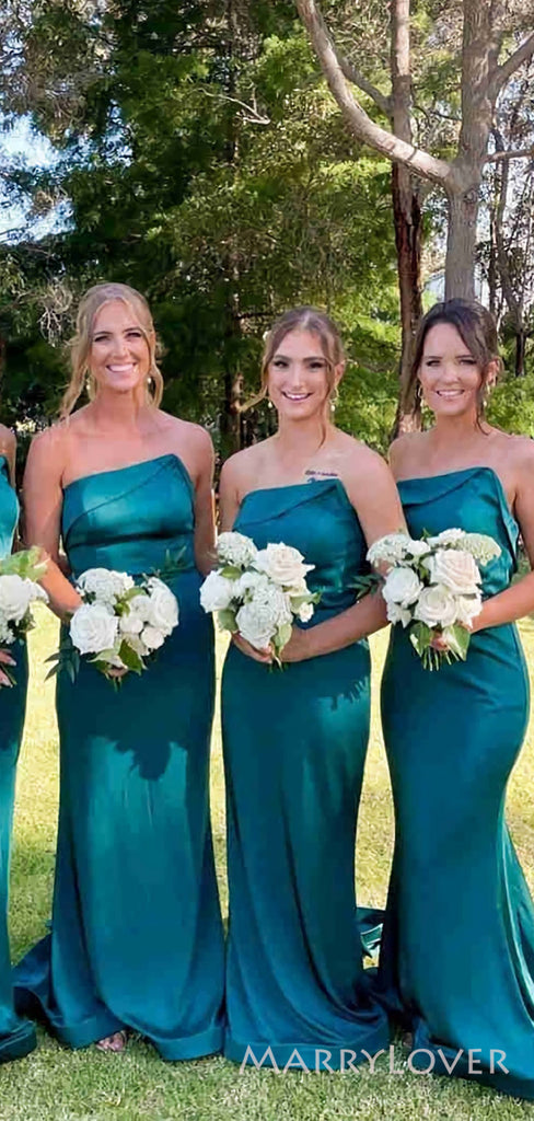 Mermaid Strapless Satin Cheap Long Custom Bridesmaid Dresses , MRB0057