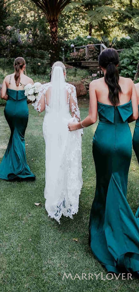 Mermaid Strapless Satin Cheap Long Custom Bridesmaid Dresses , MRB0057