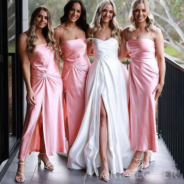 Simple Pink Satin Spaghetti Straps Cheap Side Slit Long Custom Bridesmaid Dresses , MRB0058