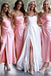 Simple Pink Satin Spaghetti Straps Cheap Side Slit Long Custom Bridesmaid Dresses , MRB0058