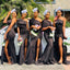 One Shoulder Black Satin Nernaid Cheap Side Slit Long Custom Bridesmaid Dresses , MRB0060