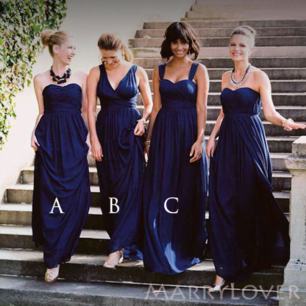 Mismatched Navy Blue A-line Cheap Long Custom Bridesmaid Dresses , MRB0061