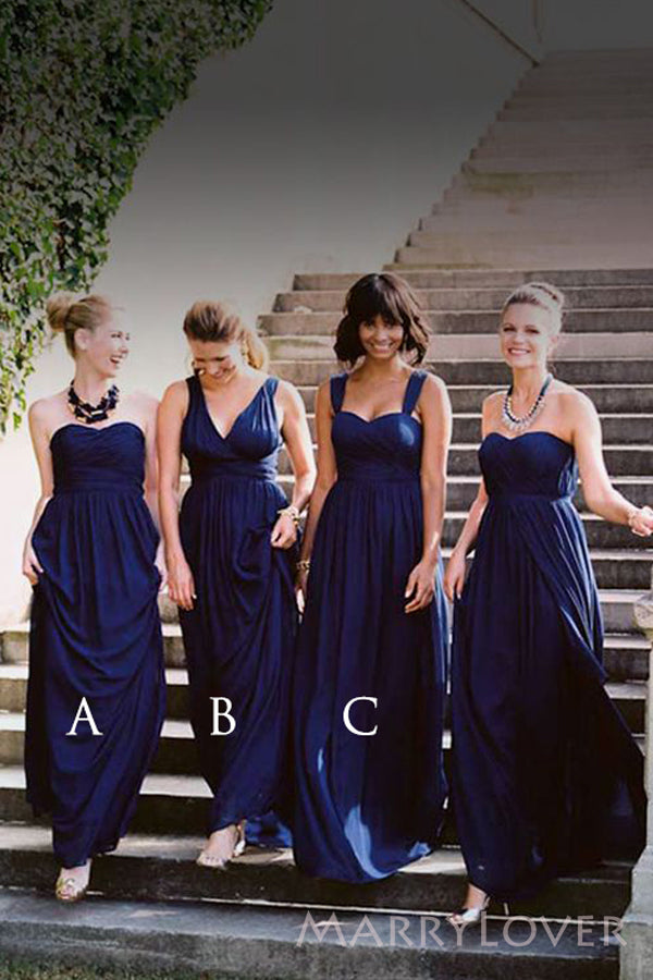 Mismatched Navy Blue A-line Cheap Long Custom Bridesmaid Dresses , MRB0061