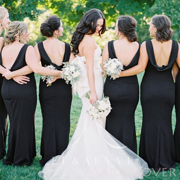 Simple Black Mermaid Cheap Backless Long Custom Bridesmaid Dresses , MRB0066