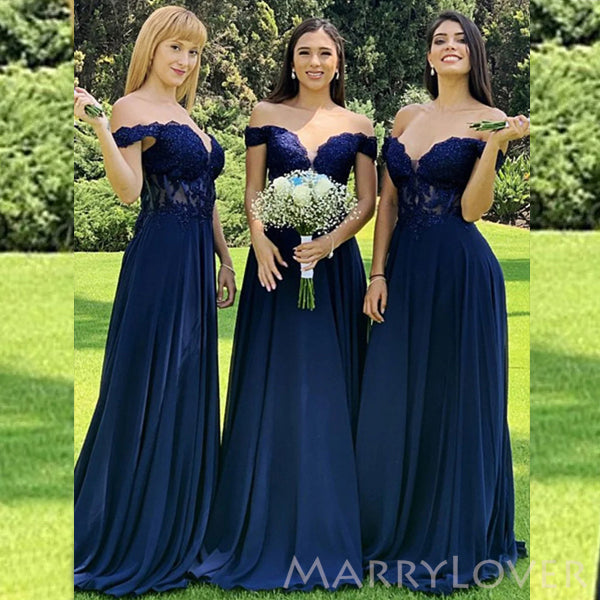 A-line Off Shoulder Royal Blue Cheap Appliques Long Custom Bridesmaid Dresses , MRB0067