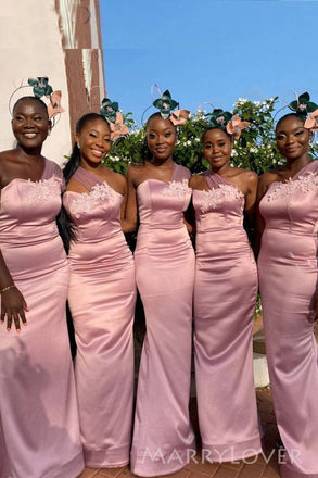 One Shoulder Mermaid Satin Appliques Cheap Long Custom Bridesmaid Dresses , MRB0071