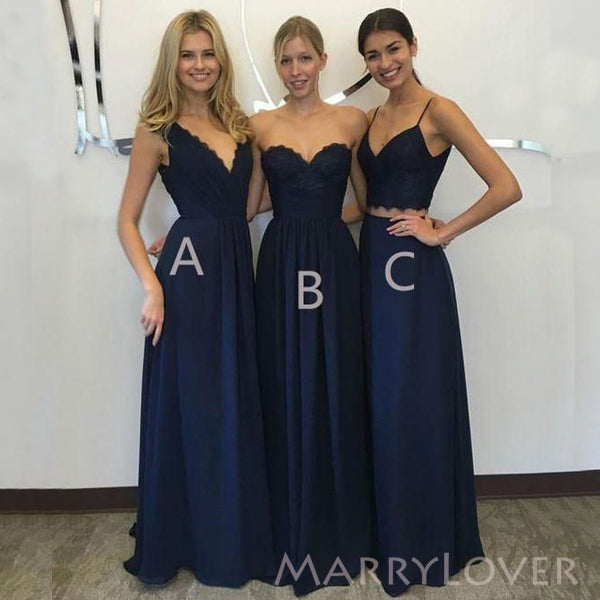 Mismatched Navy Blue Chiffon Lace Cheap A-line Long Custom Bridesmaid Dresses , MRB0072