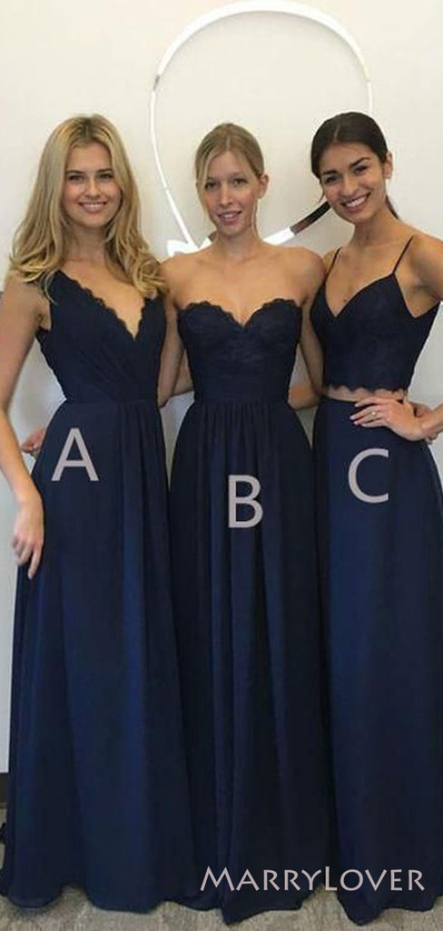 Mismatched Navy Blue Chiffon Lace Cheap A-line Long Custom Bridesmaid Dresses , MRB0072