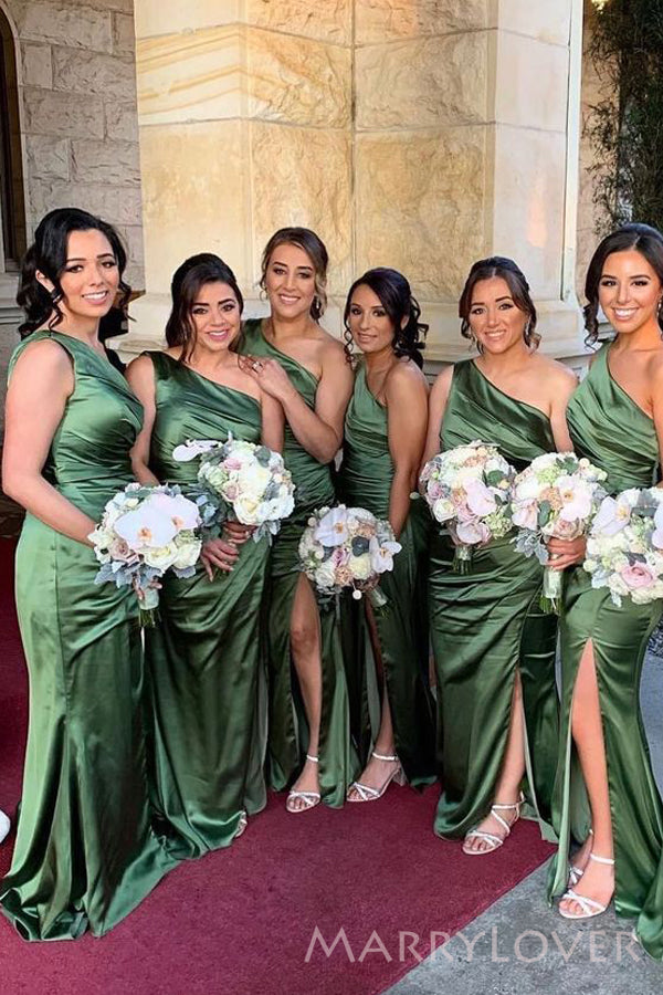 Popular Green Satin Mermaid One Shoulder Cheap Long Custom Bridesmaid Dresses , MRB0077