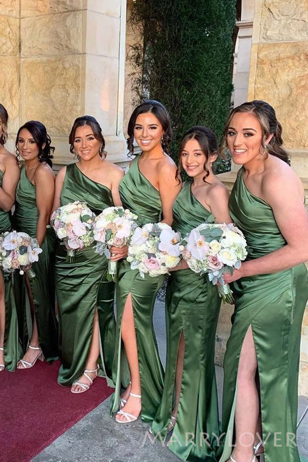 Popular Green Satin Mermaid One Shoulder Cheap Long Custom Bridesmaid Dresses , MRB0077