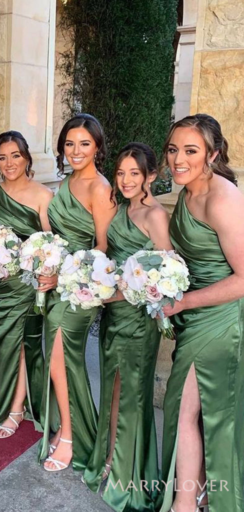 Popular Green Satin Mermaid One Shoulder Cheap Long Custom Bridesmaid Dresses , MRB0077