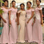 Off Shoulder Mermaid Pink Long Custom Bridesmaid Dresses , MRB0082