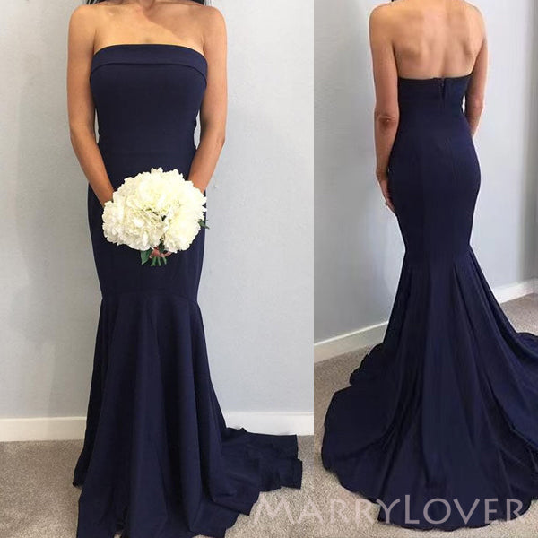 Popular Navy Blue Mermaid Strapless Cheap Long Custom Bridesmaid Dresses , MRB0085