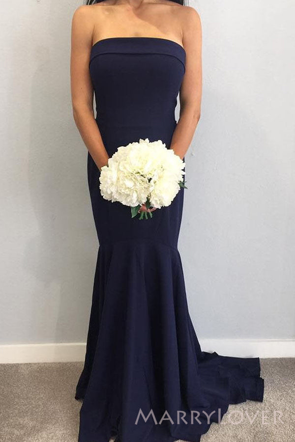 Popular Navy Blue Mermaid Strapless Cheap Long Custom Bridesmaid Dresses , MRB0085