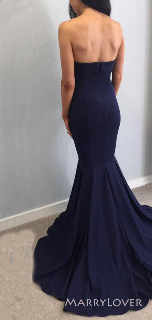 Popular Navy Blue Mermaid Strapless Cheap Long Custom Bridesmaid Dresses , MRB0085