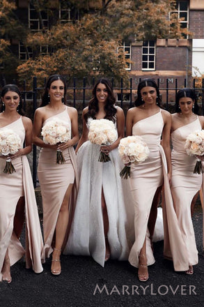 Simple Pink Mermaid One Shoulder Cheap Side Slit Long Custom Bridesmaid Dresses , MRB0086