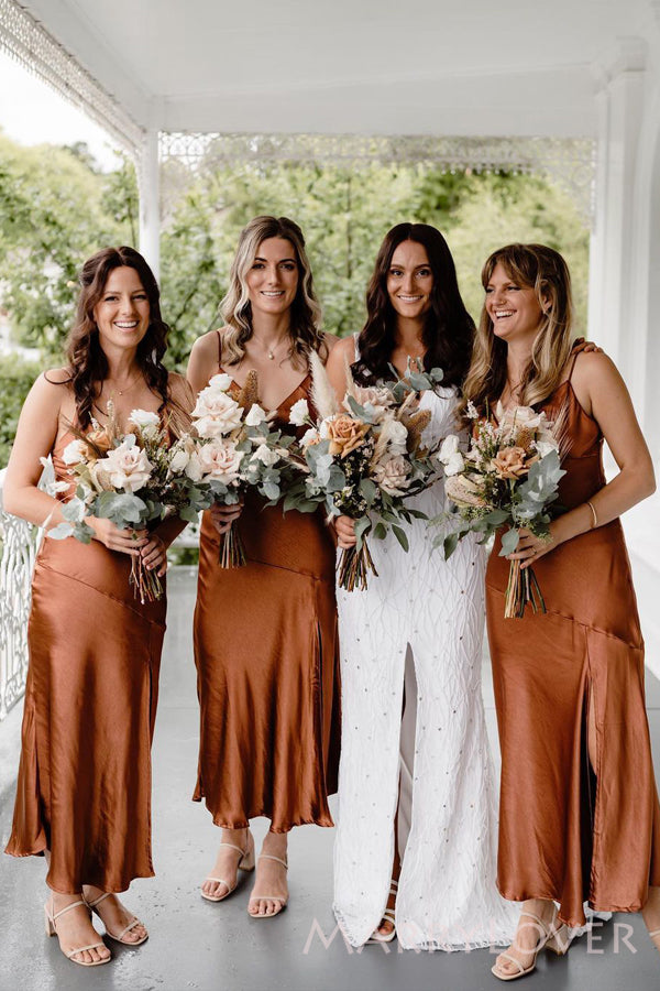 Popular Burnt Orange Satin Spaghetti Straps V-neck Cheap Long Custom Bridesmaid Dresses , MRB0088