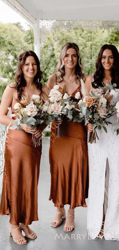 Popular Burnt Orange Satin Spaghetti Straps V-neck Cheap Long Custom Bridesmaid Dresses , MRB0088