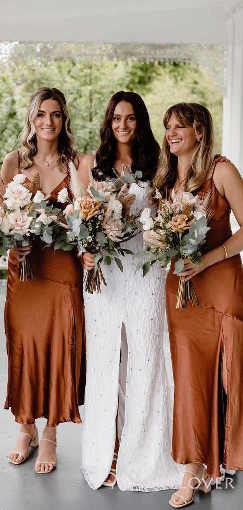 Popular Burnt Orange Satin Spaghetti Straps V-neck Cheap Long Custom Bridesmaid Dresses , MRB0088