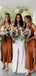 Popular Burnt Orange Satin Spaghetti Straps V-neck Cheap Long Custom Bridesmaid Dresses , MRB0088