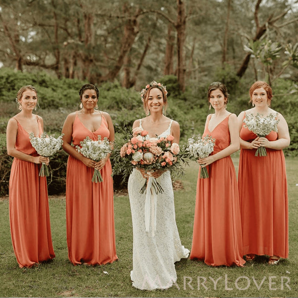 A-line Spaghetti Straps Orange V-neck Cheap Long Custom Bridesmaid Dresses , MRB0089