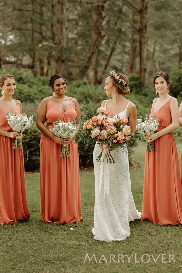 A-line Spaghetti Straps Orange V-neck Cheap Long Custom Bridesmaid Dresses , MRB0089