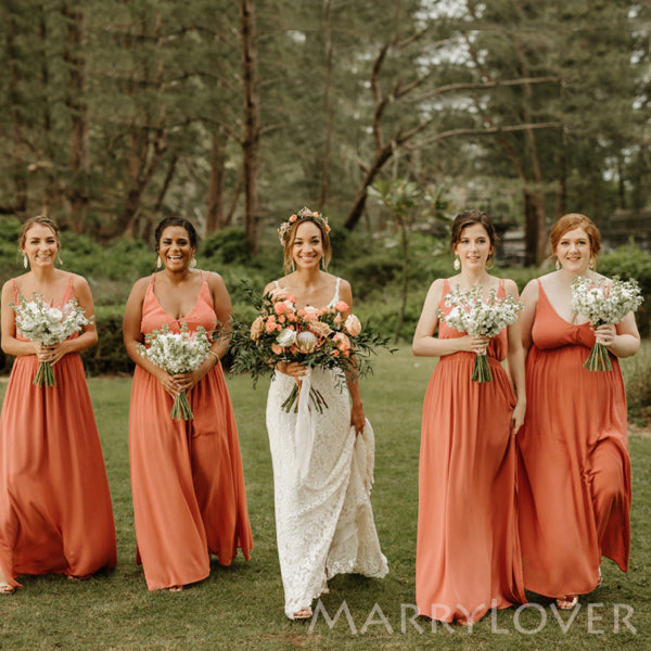 A-line Spaghetti Straps Orange V-neck Cheap Long Custom Bridesmaid Dresses , MRB0089