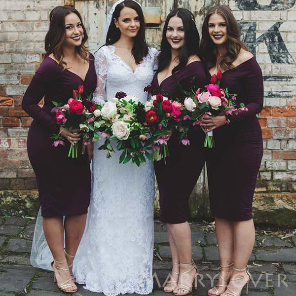 Mermaid V-neck Long Sleeves Cheap Long Custom Bridesmaid Dresses, Short Bridesmaid Dress, MRB0094